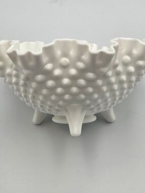 Fenton White Milk Glass Hobnail Ruffled Edge Footed Bowl Stamped Fenton